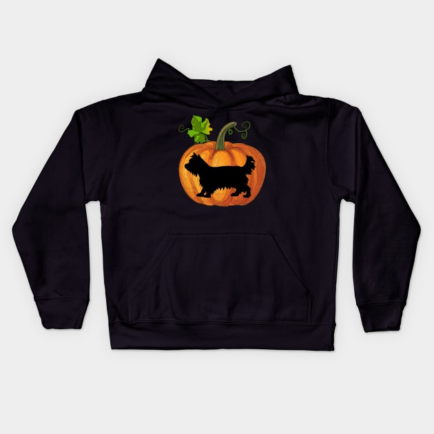 Yorkie in pumpkin Kids Hoodie by Flavie Kertzmann